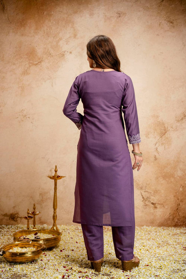 Violet Embroidered Chanderi Straight Cut Suits