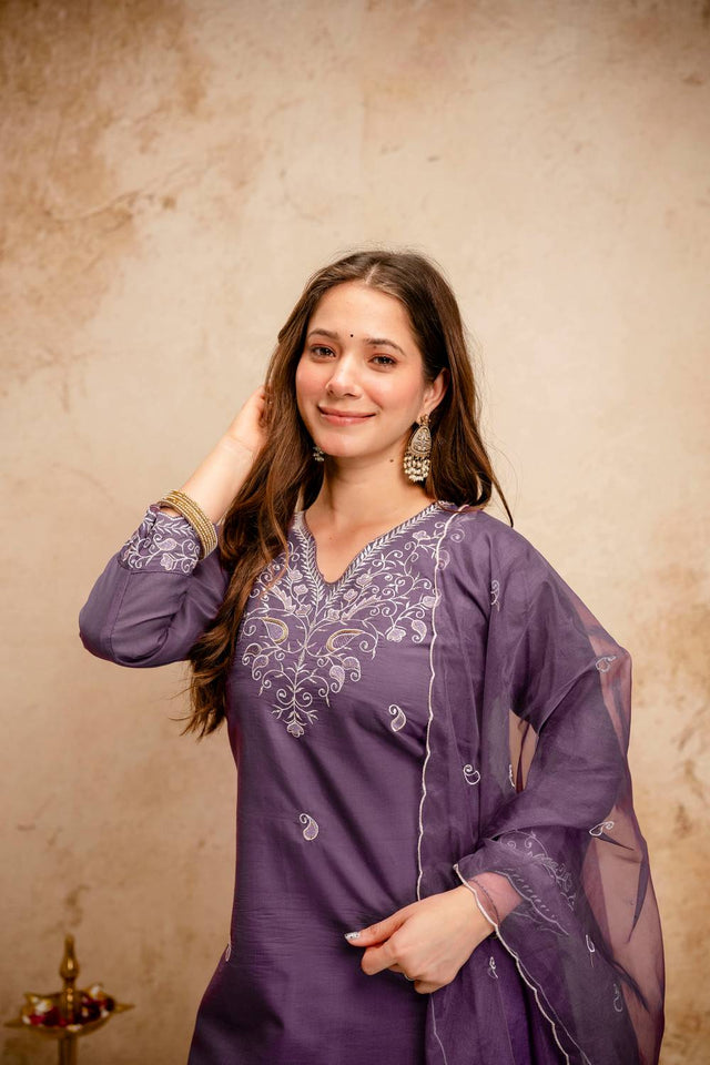 Violet Embroidered Chanderi Straight Cut Suits