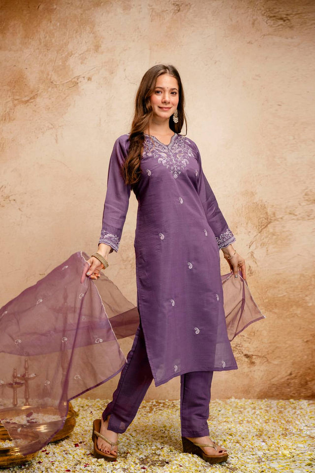 Violet Embroidered Chanderi Straight Cut Suits