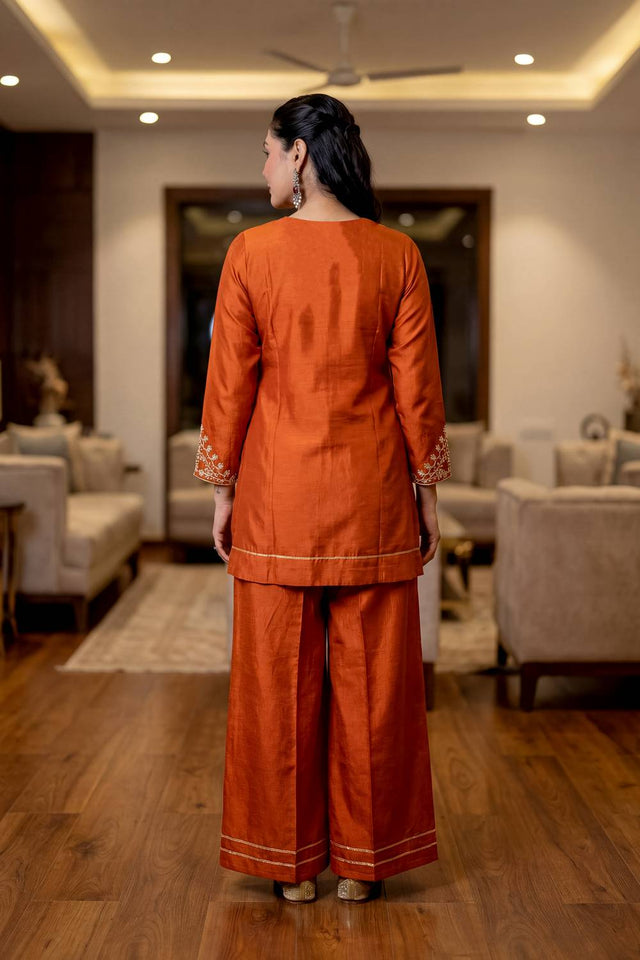 Orange Floral Embroidered Silk Palazzo Suits