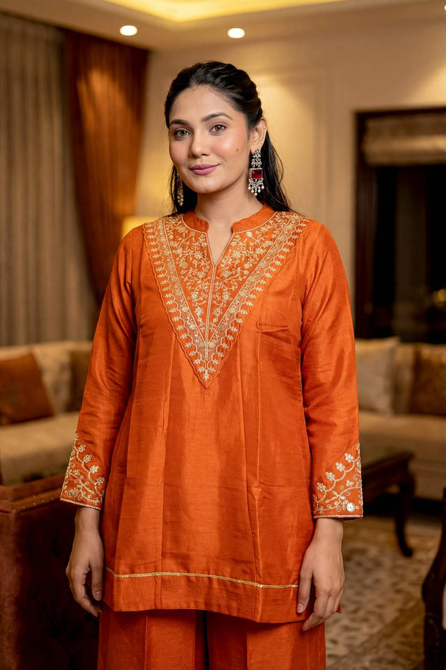 Orange Floral Embroidered Silk Palazzo Suits