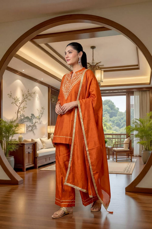 Orange Floral Embroidered Silk Palazzo Suits