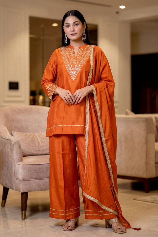 Orange Floral Embroidered Silk Palazzo Suits