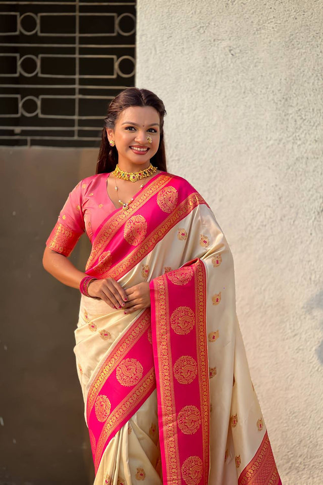 Cream Woven Silk Saree