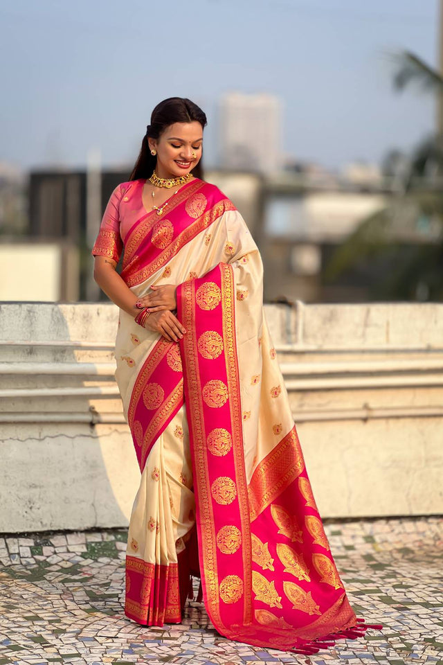Cream Woven Silk Saree