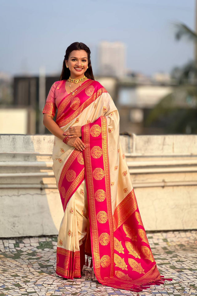 Cream Woven Silk Saree