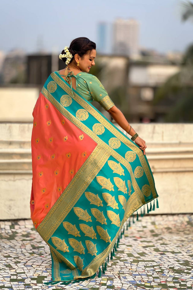 Peach Woven Silk Saree