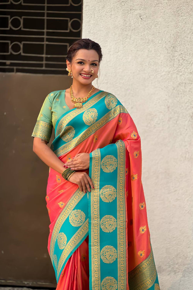 Peach Woven Silk Saree