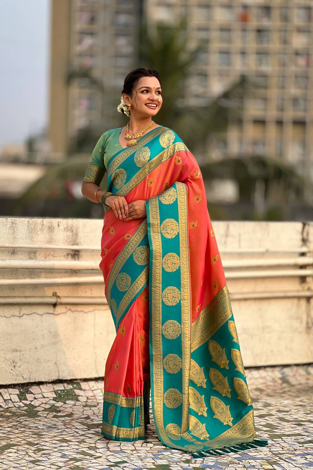 Peach Woven Silk Saree