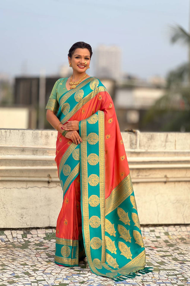 Peach Woven Silk Saree