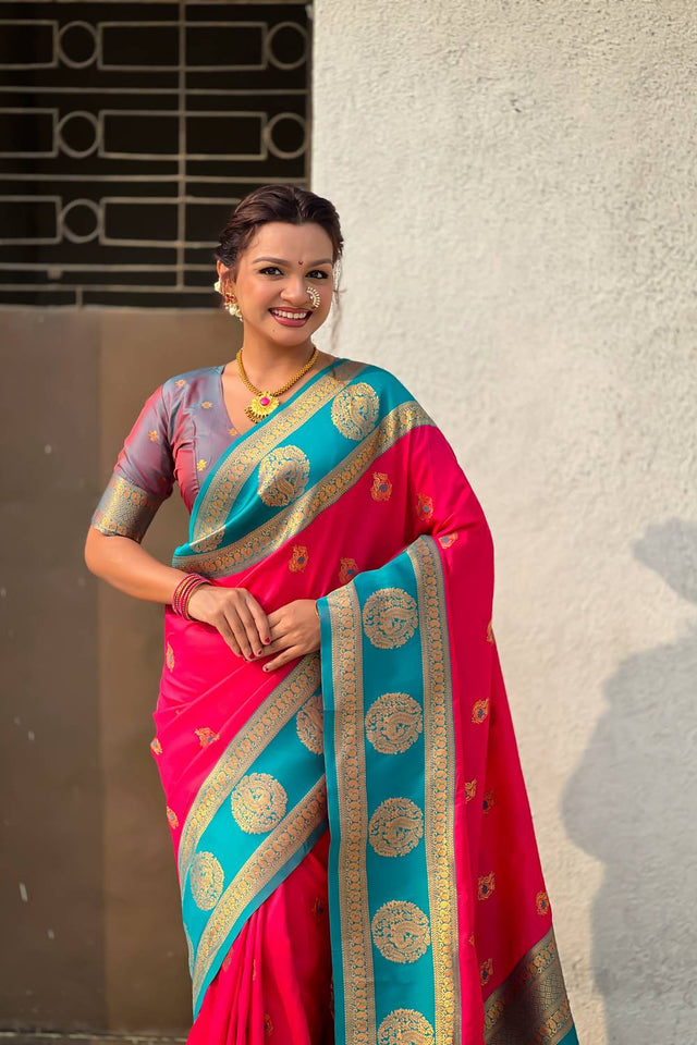 Pink Woven Silk Saree