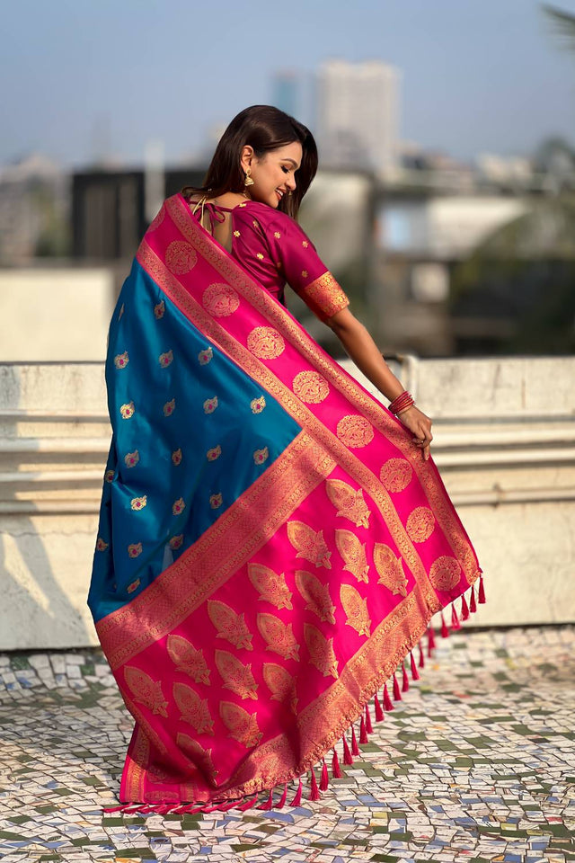 Turquoise Woven Silk Saree