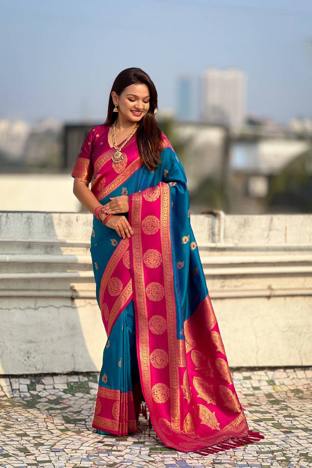 Turquoise Woven Silk Saree