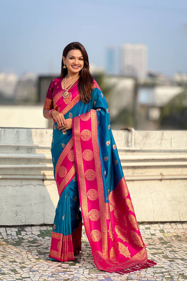 Turquoise Woven Silk Saree