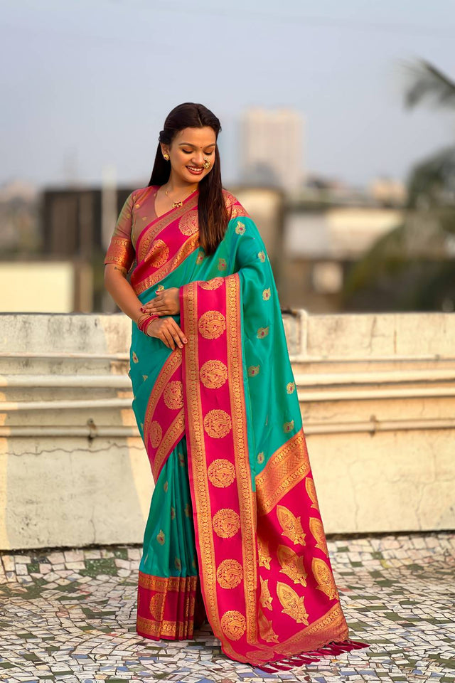 Sea Green Woven Silk Saree