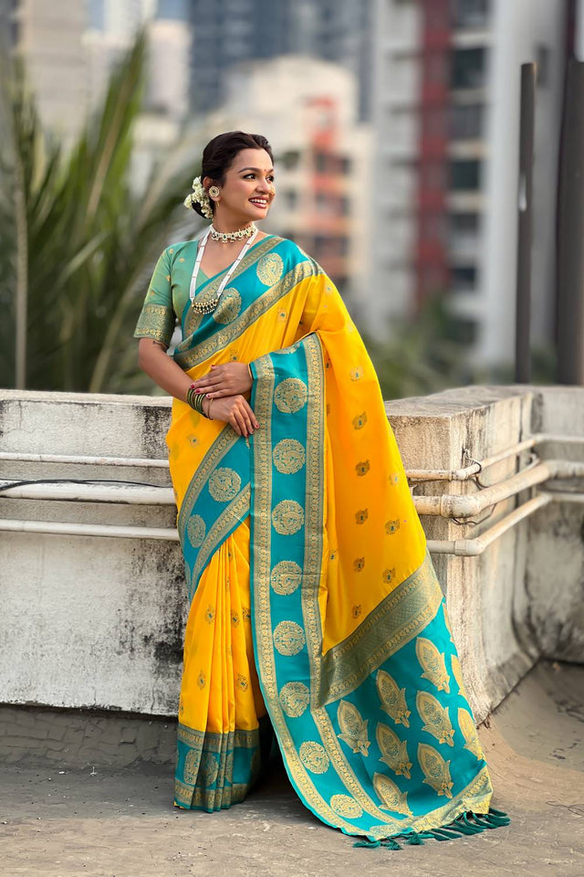 Yellow Woven Silk Saree