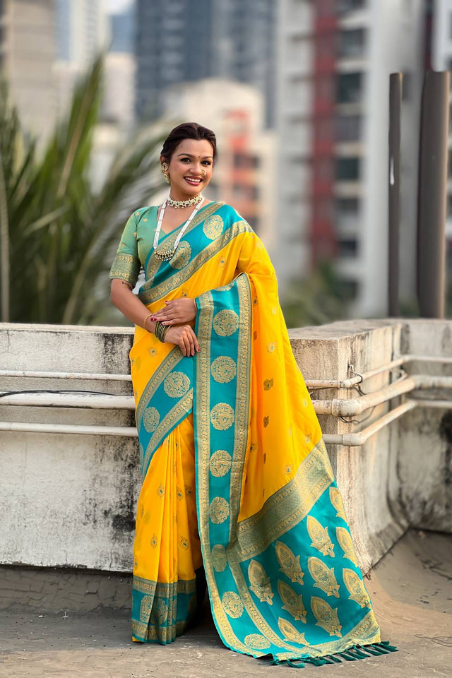Yellow Woven Silk Saree