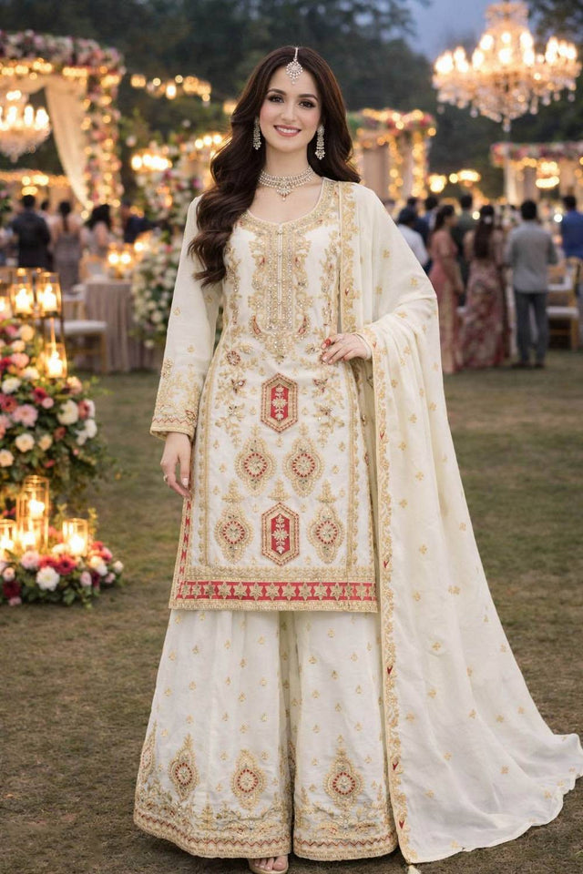 Free Size Stitched White Floral Embroidered Chinon Palazzo Suits (ACA6396)
