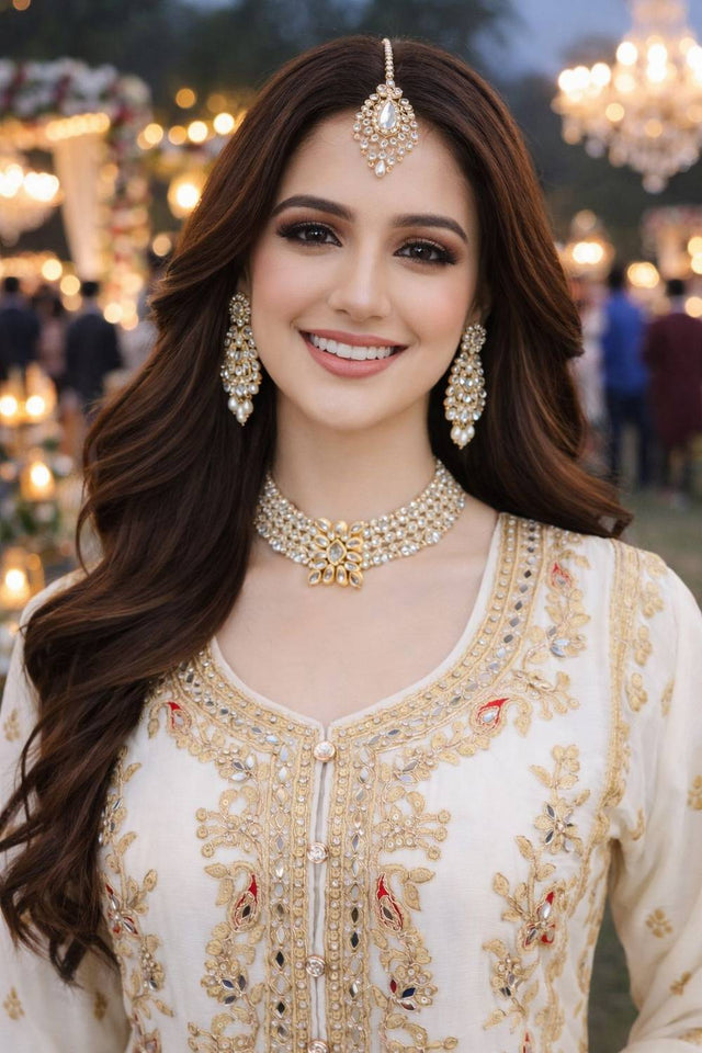 Free Size Stitched White Floral Embroidered Chinon Palazzo Suits (ACA6396)