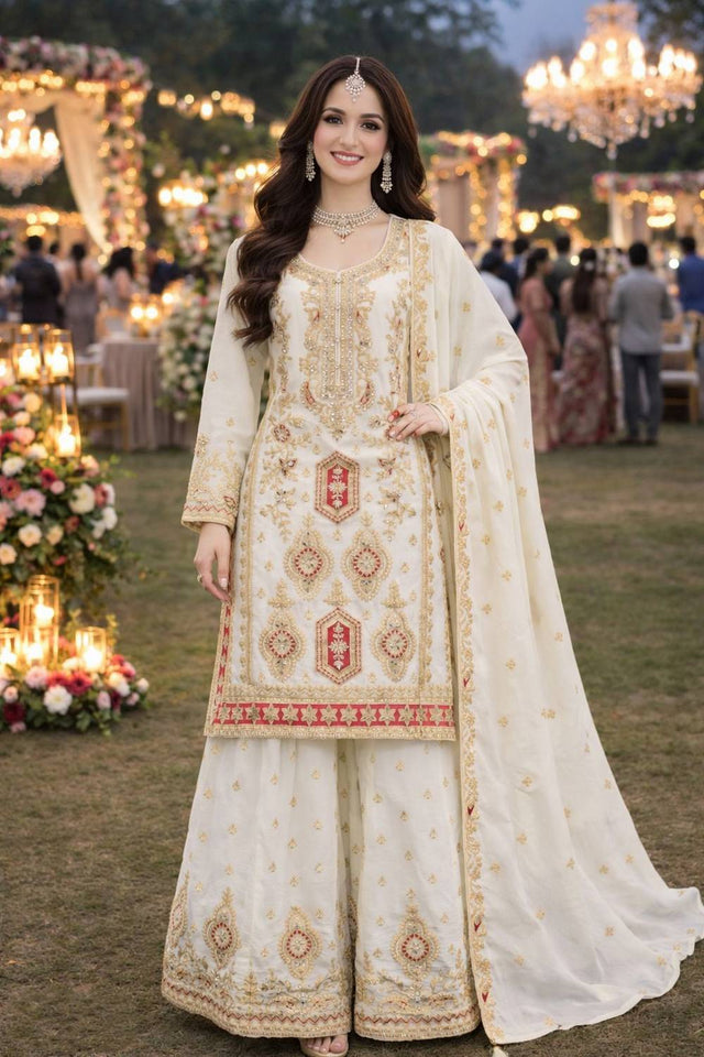 Free Size Stitched White Floral Embroidered Chinon Palazzo Suits (ACA6396)