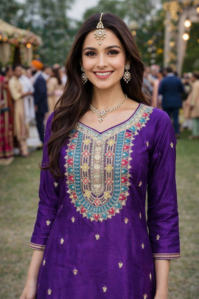 Free Size Stitched Purple Floral Embroidered Chinon Palazzo Suits (ACA6398)