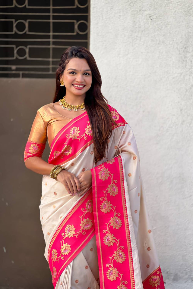 Cream Woven Soft Silk Saree (ACA6410)