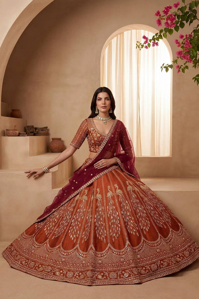 Orange Sequin with Embroidered Silk Lehenga (ACA6432)