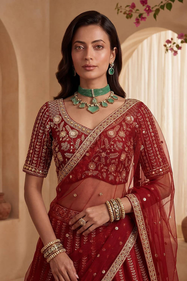 Red Sequin with Embroidered Silk Lehenga (ACA6433)