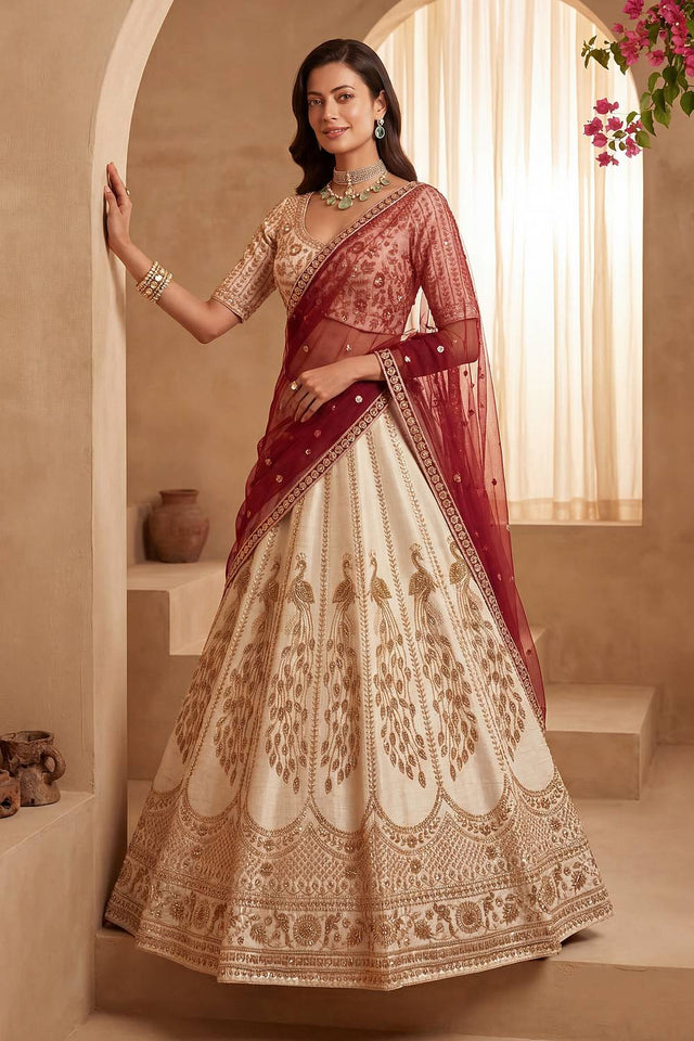 Off White Sequin with Embroidered Silk Lehenga (ACA6435)