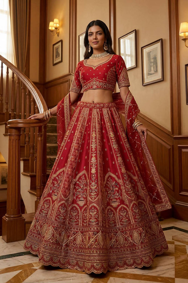 Red Sequin with Embroidered Silk Lehenga (ACA6437)