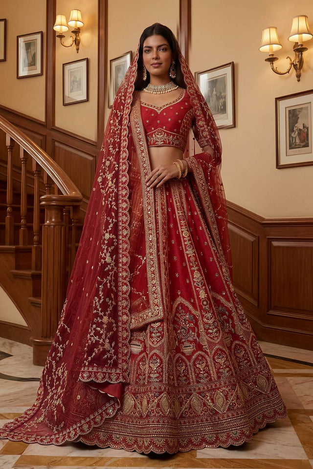 Red Sequin with Embroidered Silk Lehenga (ACA6437)