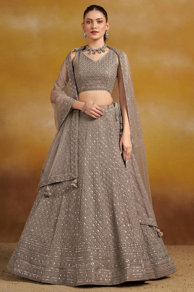 Grey Embroidered Georgette Lehenga (ACA6447)