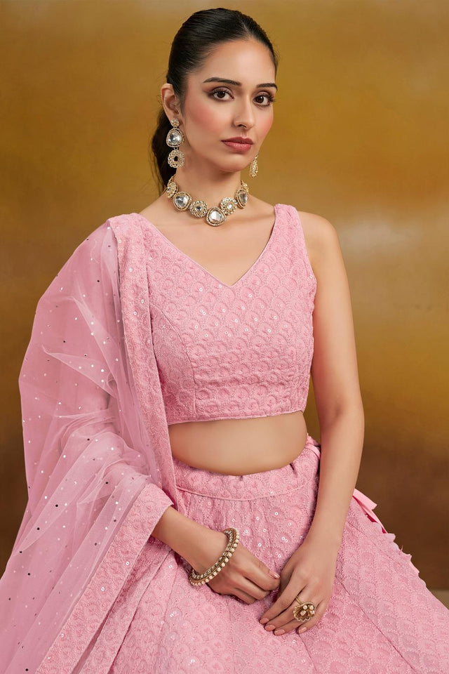 Pink Sequin with Embroidered Georgette Lehenga (ACA6448)