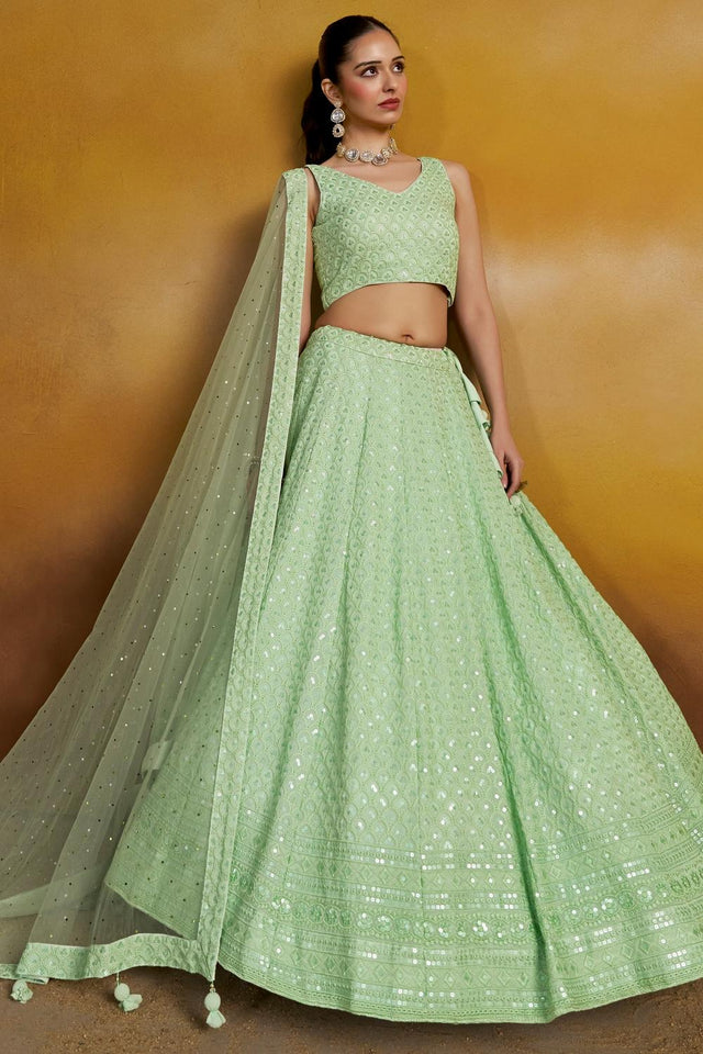 Turquoise Sequin with Embroidered Georgette Lehenga (ACA6449)