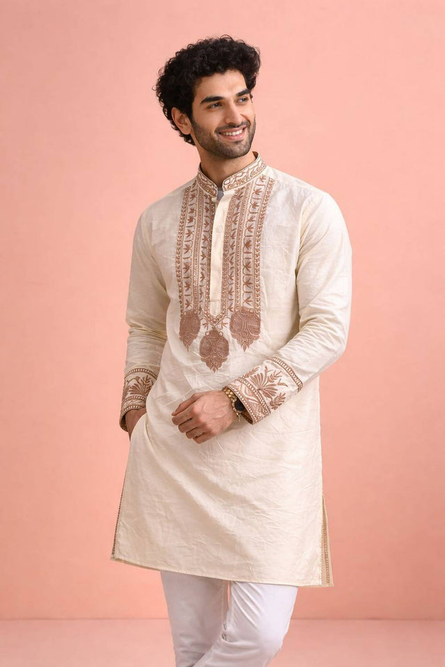 Mens Cream Printed Silk Kurta Set (ACA6534)