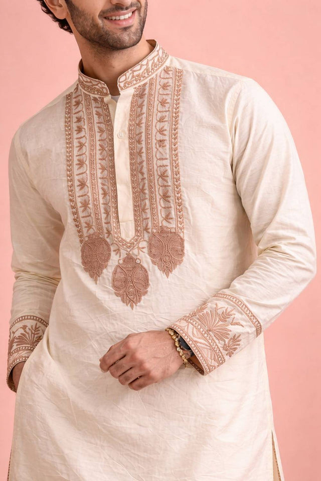 Mens Cream Printed Silk Kurta Set (ACA6534)