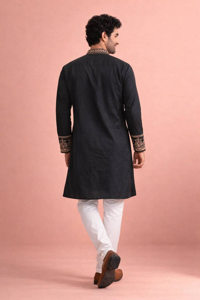 Mens Black Printed Silk Kurta Set (ACA6535)