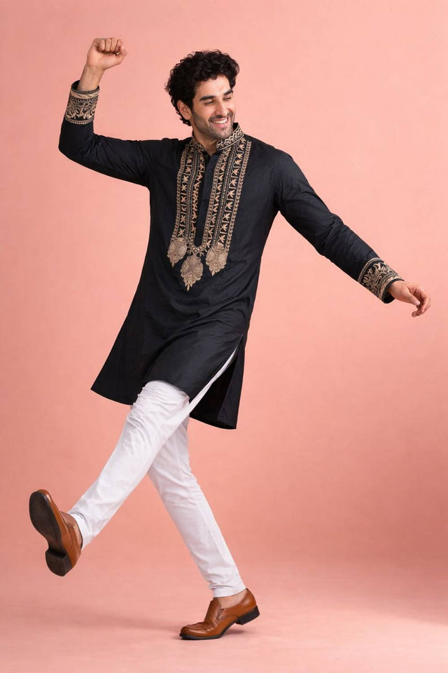 Mens Black Printed Silk Kurta Set (ACA6535)
