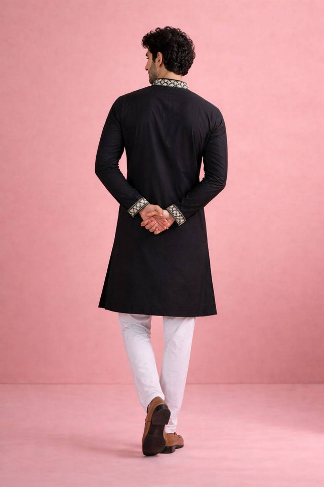 Mens Black Printed Silk Kurta Set (ACA6536)