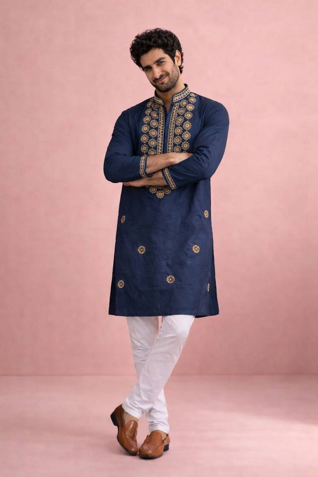 Mens Navy Blue Printed Silk Kurta Set (ACA6537)