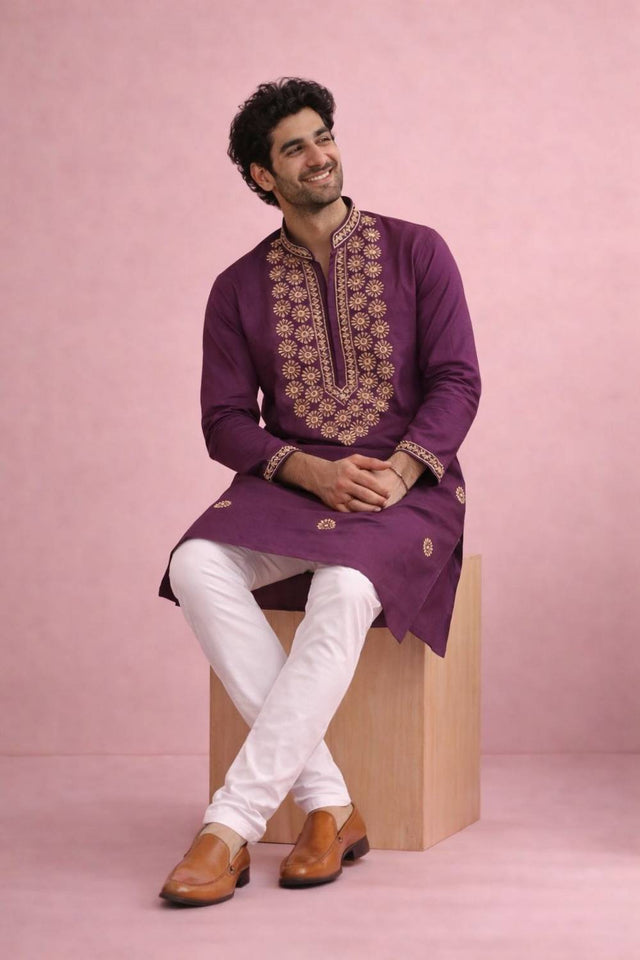 Mens Wine Printed Silk Kurta Set (ACA6538)