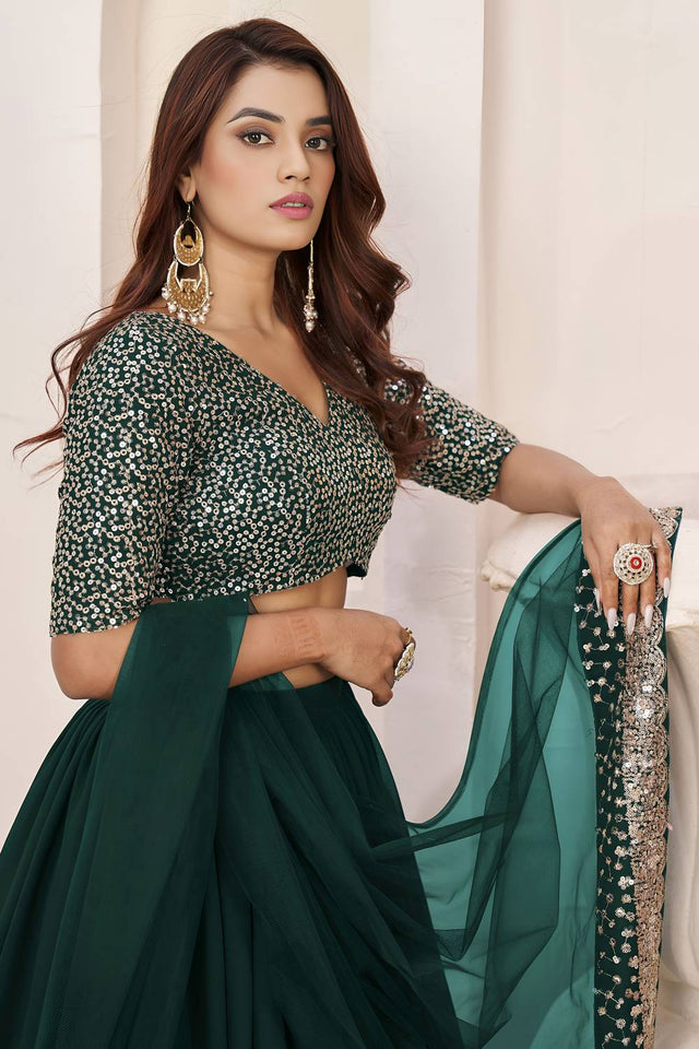 Green Sequin Georgette Lehenga (ACA6564)