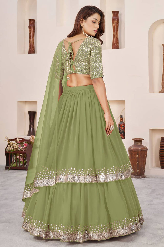 Olive Green Sequin Georgette Lehenga (ACA6566)