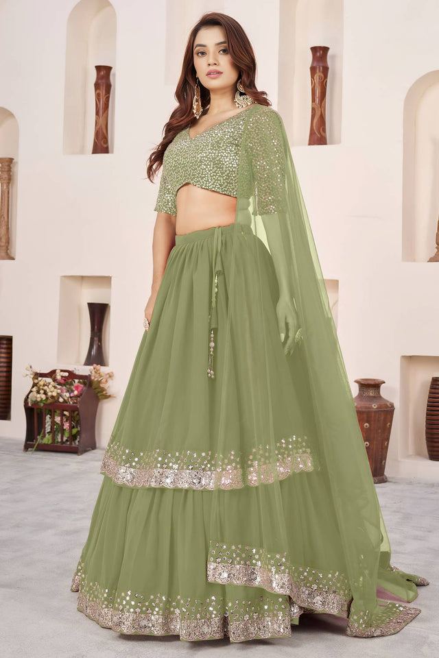 Olive Green Sequin Georgette Lehenga (ACA6566)