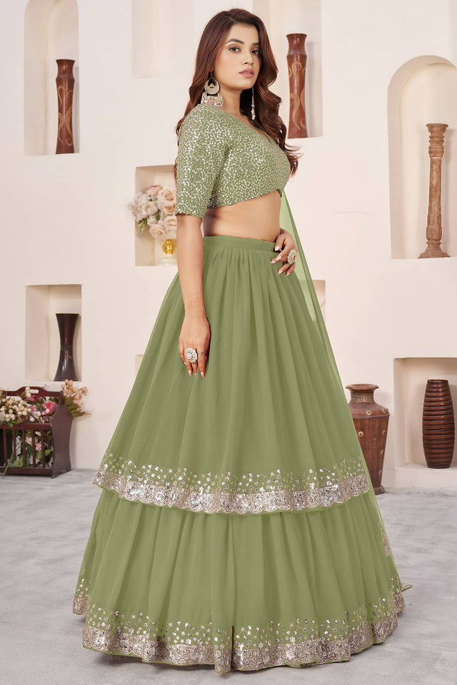 Olive Green Sequin Georgette Lehenga (ACA6566)