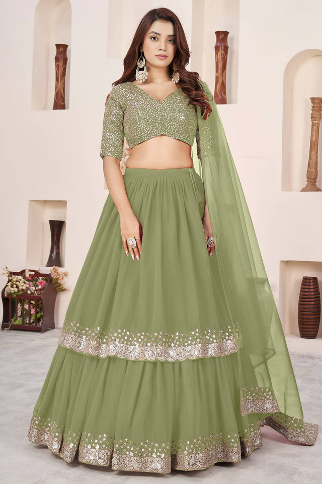 Olive Green Sequin Georgette Lehenga (ACA6566)