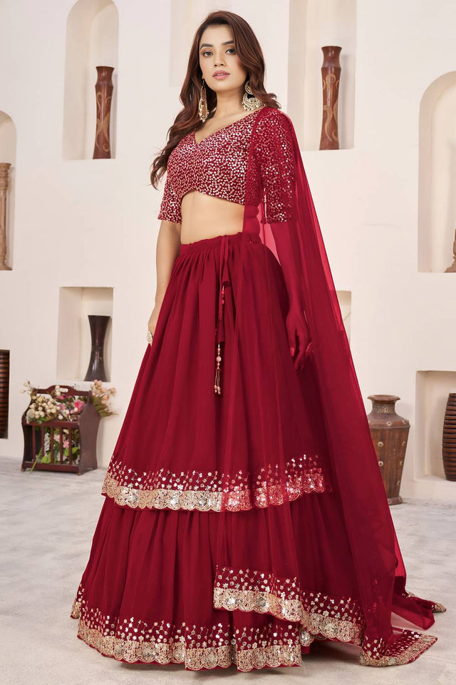 Red Sequin Georgette Lehenga (ACA6569)