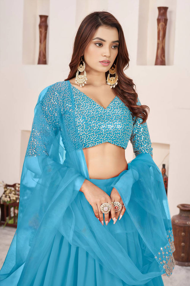 Blue Sequin Georgette Lehenga (ACA6570)