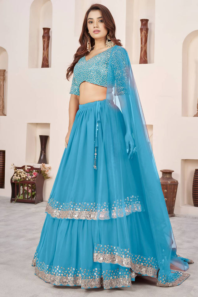 Blue Sequin Georgette Lehenga (ACA6570)