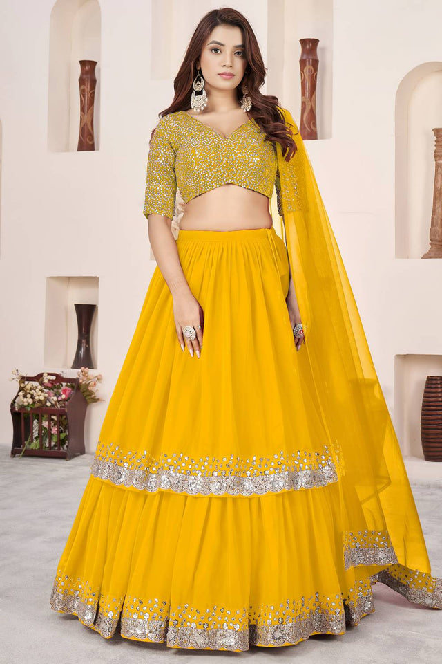 Yellow Sequin Georgette Lehenga (ACA6571)